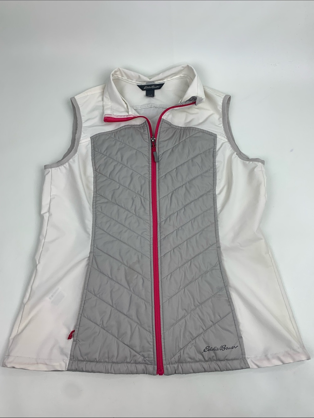 Eddie Bauer White and Light Gray Quilted Vest with Pink Zipper Size Large